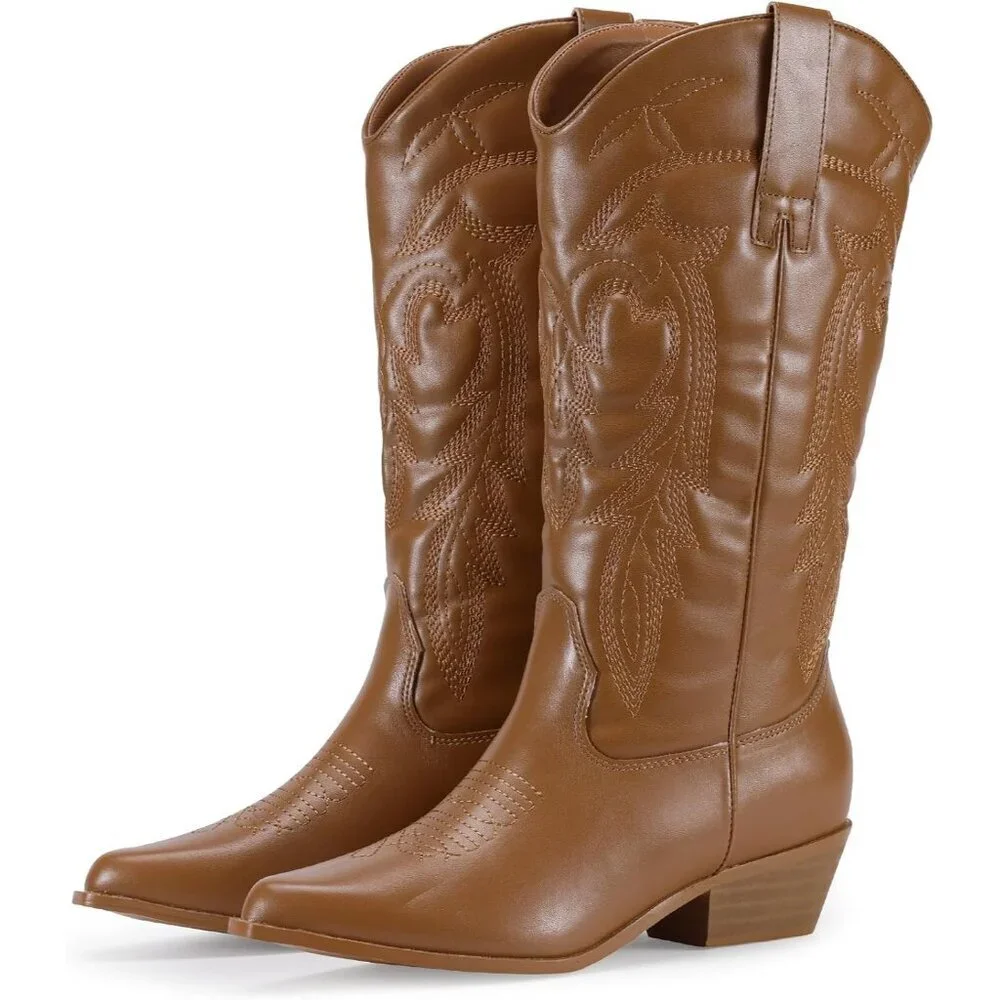 Women's Tan Pointy Toe Cowgirl Chunky Heel Boot Mid Calf Ladies Western Boots - Picture 1 of 5